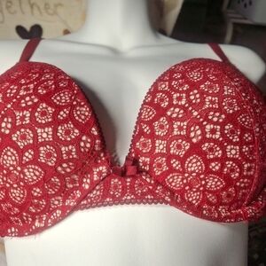 Victoria's Secret Red Lace Push-Up Bra with Floral Crochet